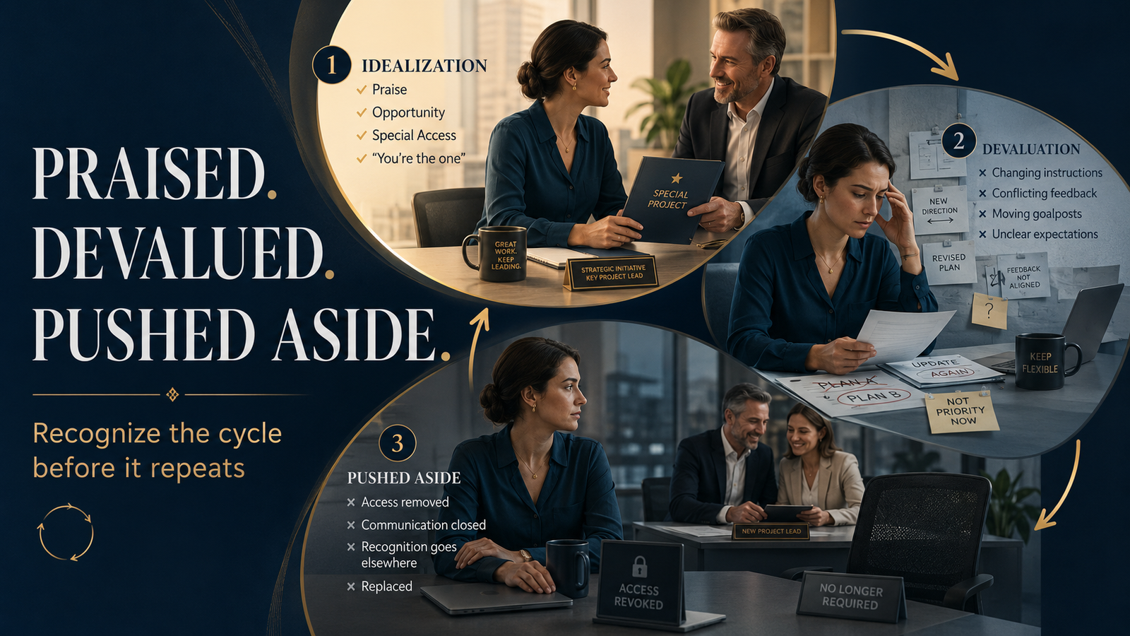 Narcissistic abuse cycle at work showing idealization, devaluation and discard