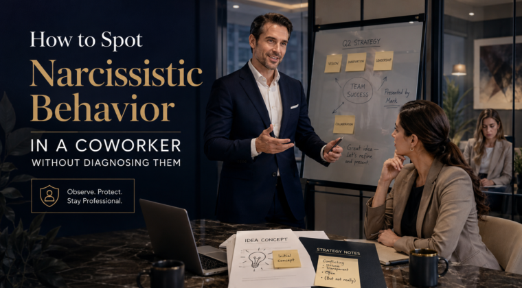 Employee recognizing narcissistic coworker signs and subtle workplace manipulation