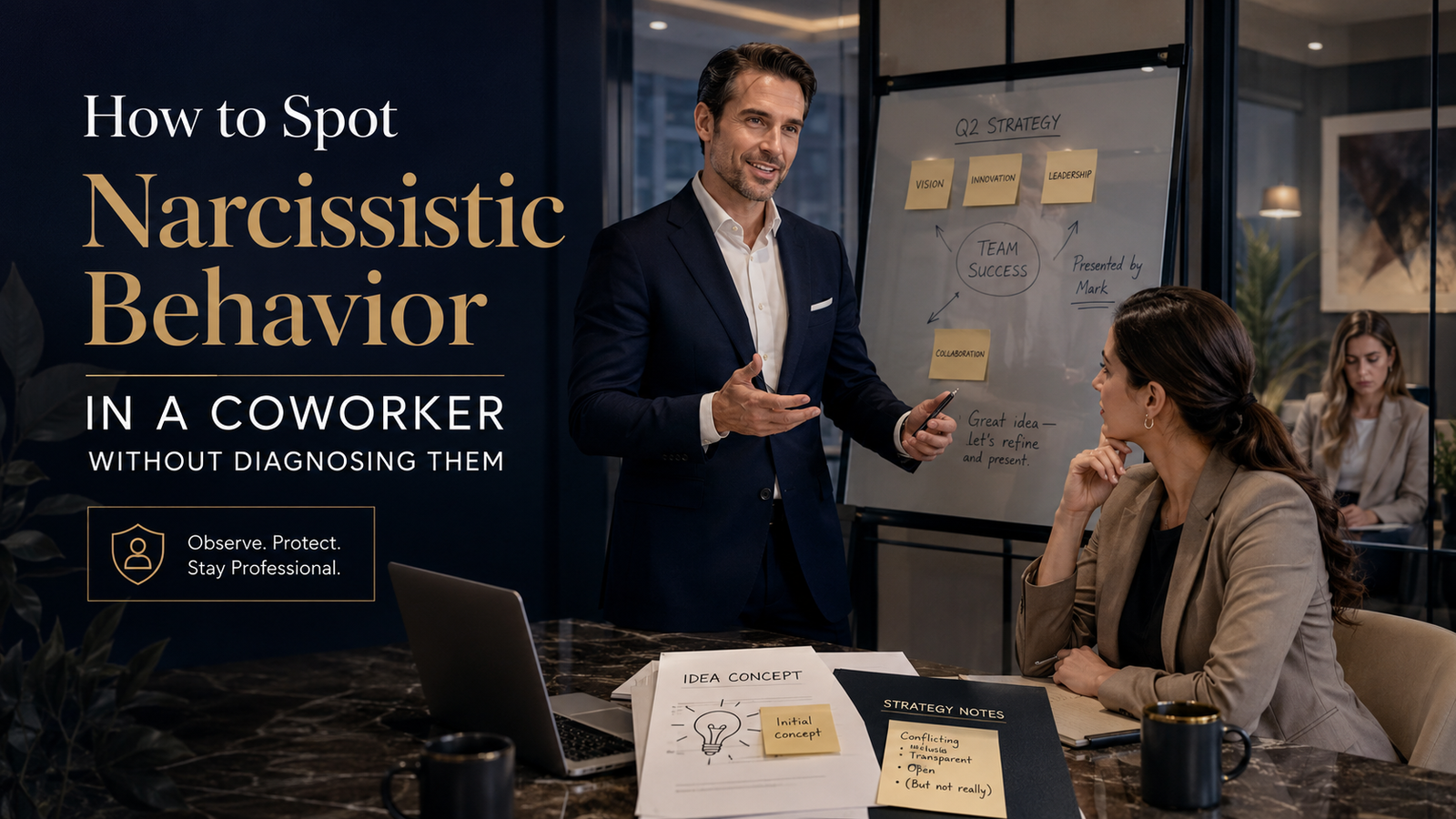 Employee recognizing narcissistic coworker signs and subtle workplace manipulation