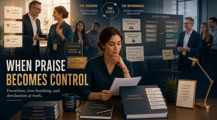 Workplace favoritism and narcissism showing love-bombing, reward withdrawal, and devaluation