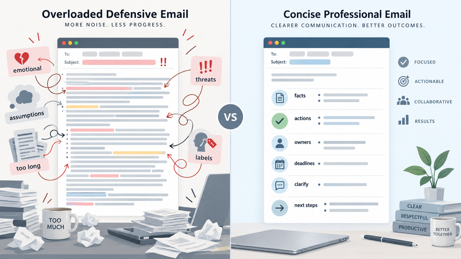 Comparison between factual and defensive follow-up emails after a difficult workplace conversation