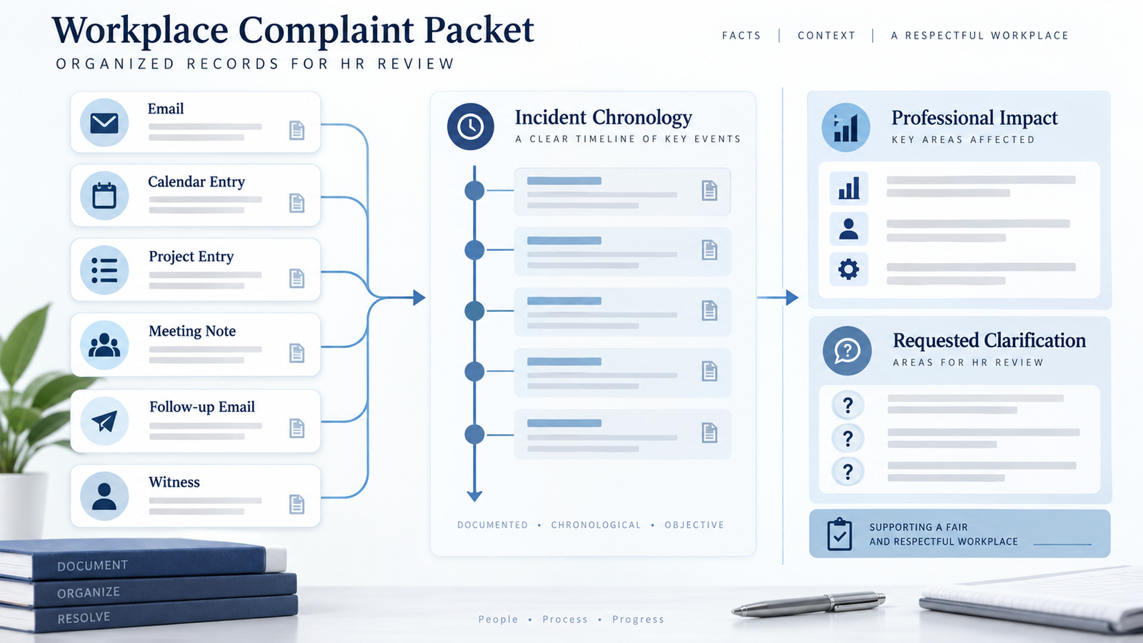 Organized HR evidence packet linking workplace gaslighting incidents to emails, timelines and work impact