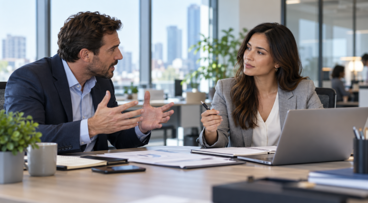 Employee using calm neutral communication with a difficult coworker while remaining professionally engaged