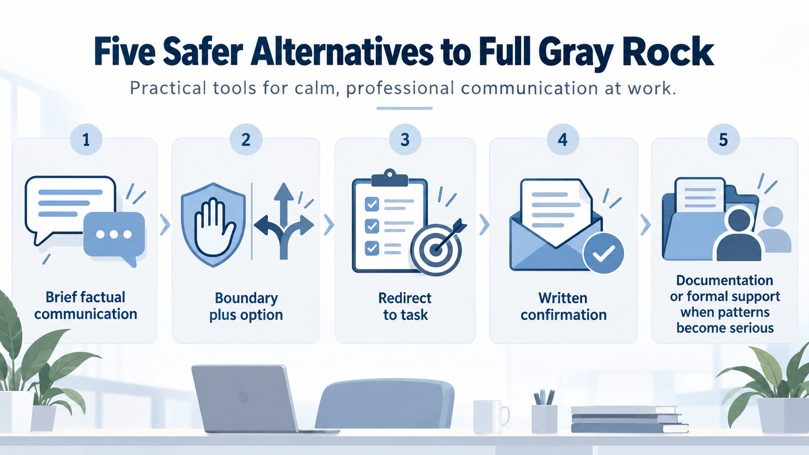 Professional alternatives to gray rock including factual responses, boundaries, written confirmation, structured communication and escalation