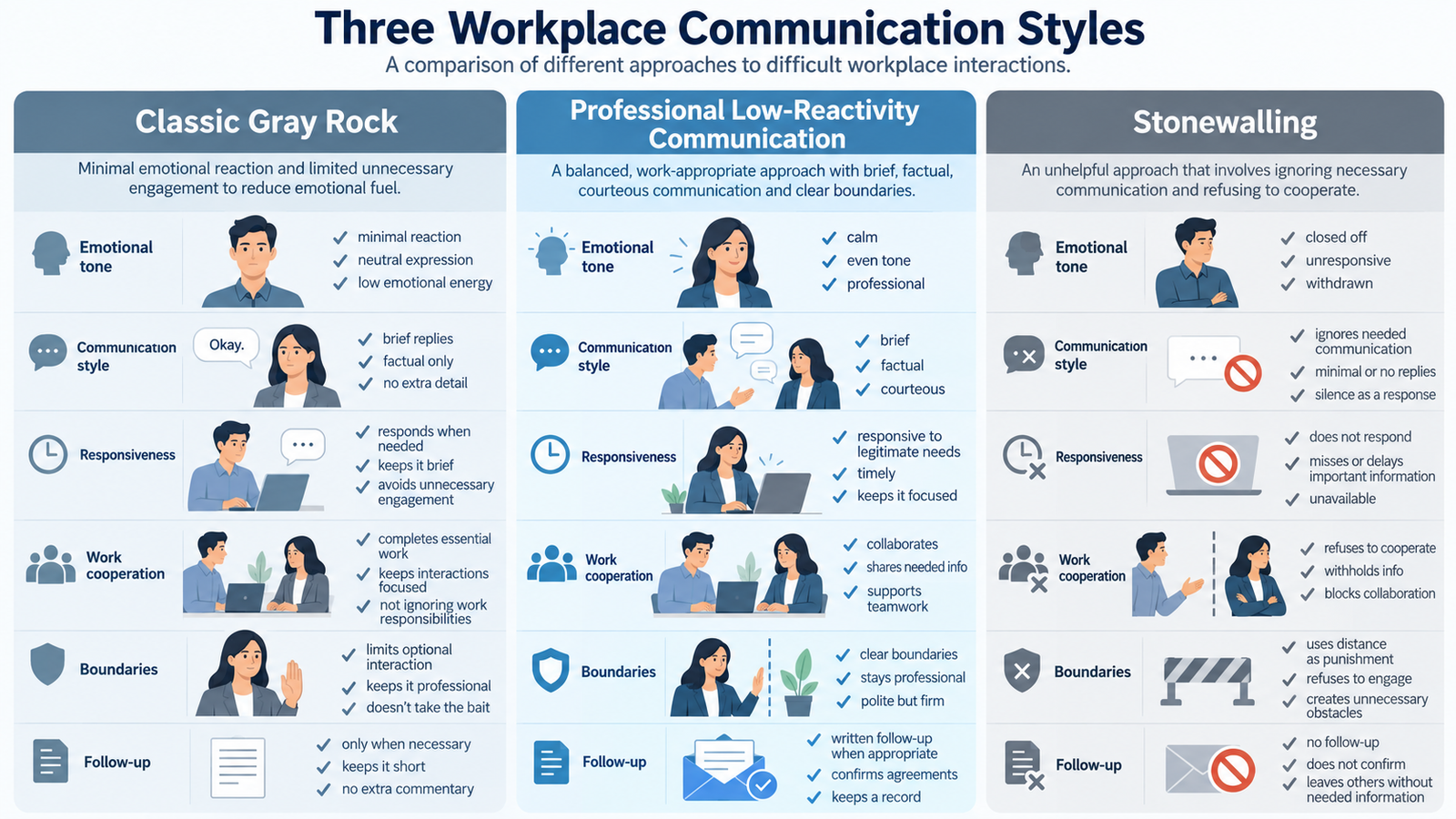 Comparison of gray rocking, professional neutral communication and workplace stonewalling