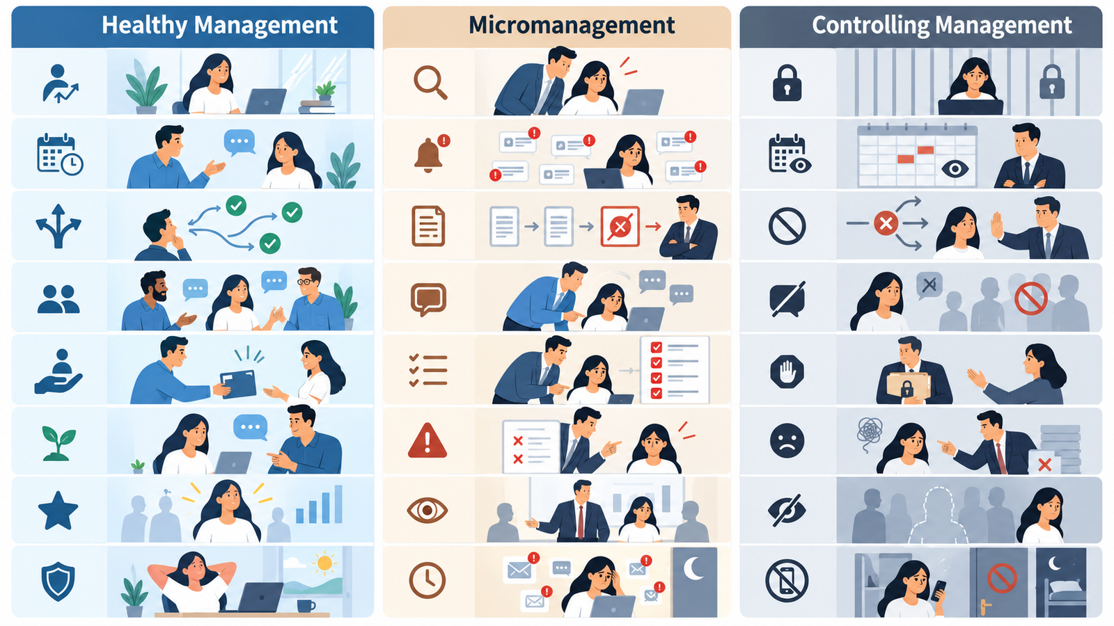 Comparison of healthy management, micromanagement and controlling boss behavior