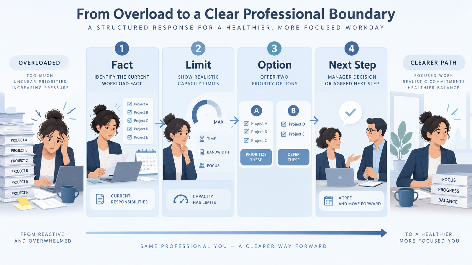 Four-part professional workplace boundary formula using fact, limit, option and next step