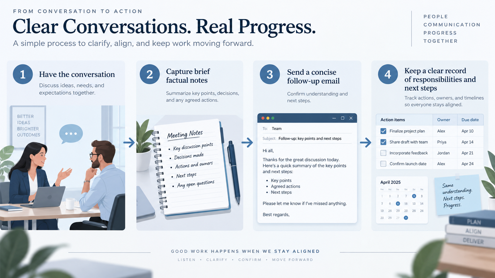 Process showing a difficult verbal workplace conversation becoming a clear written follow-up record