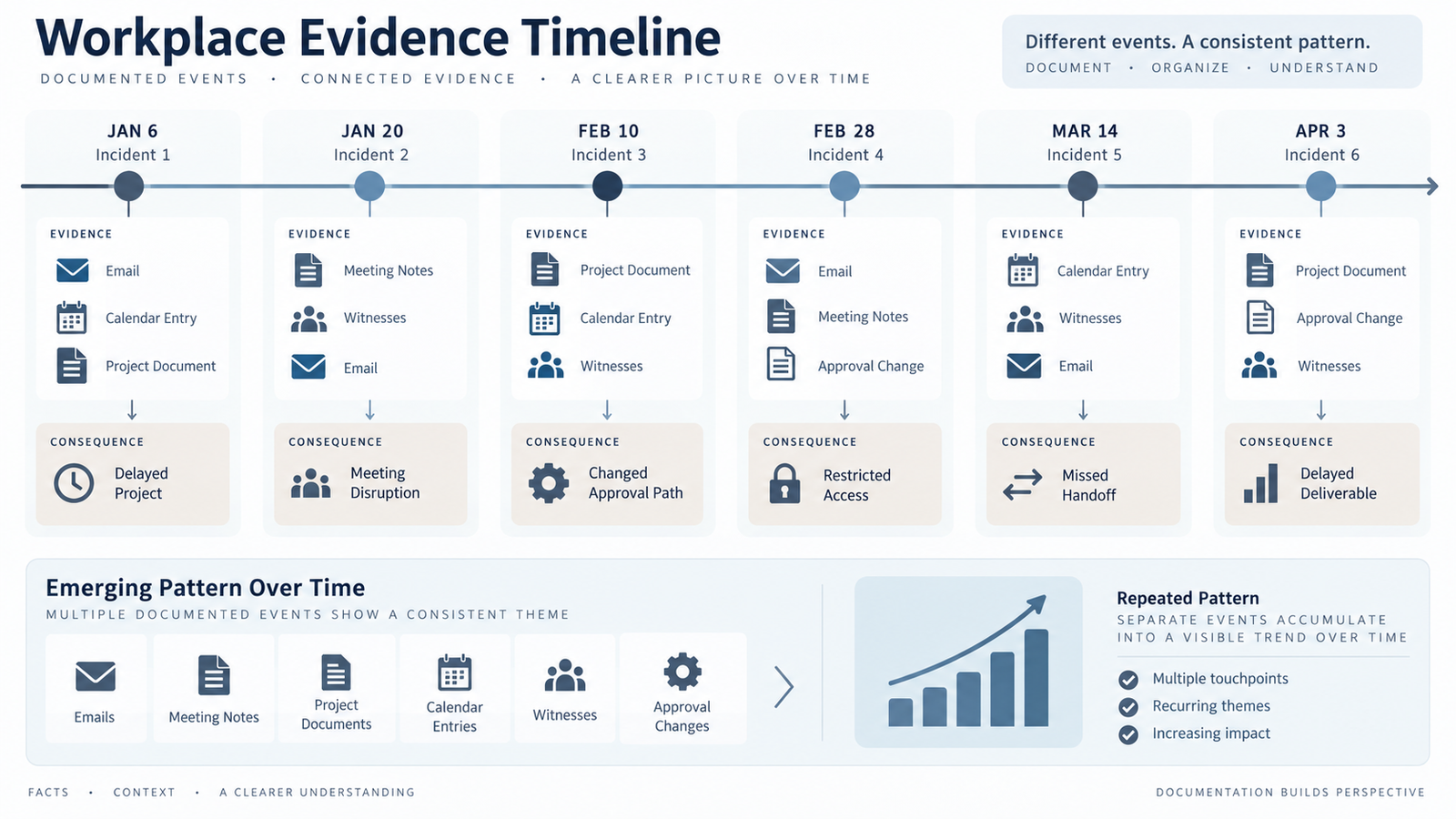 Timeline connecting workplace incidents with emails, meetings, witnesses and professional consequences