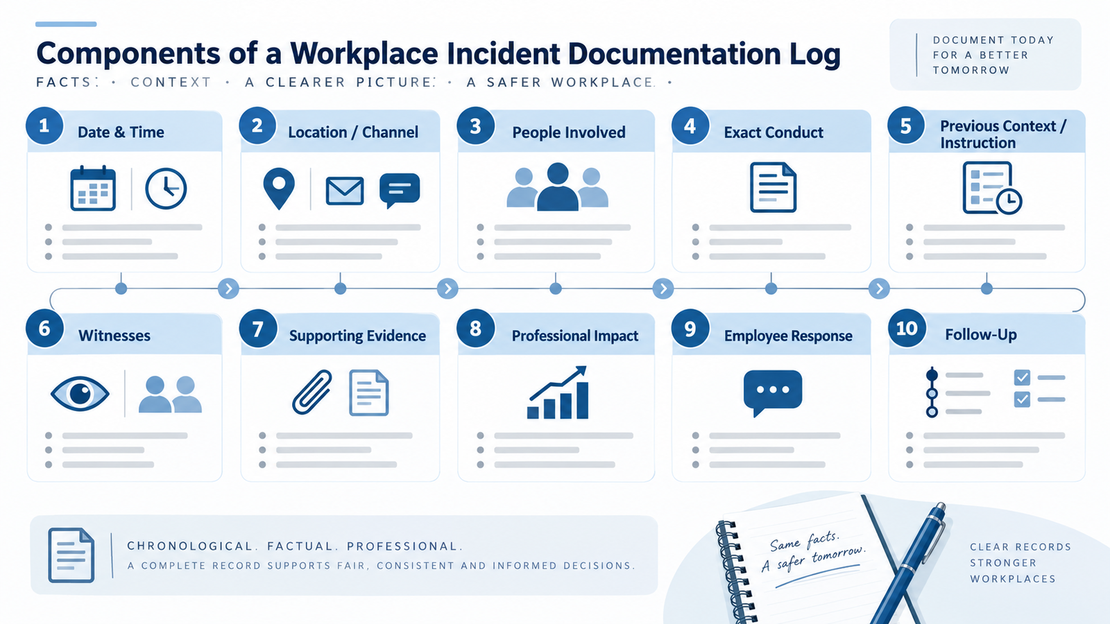 Workplace abuse incident log showing dates, people, conduct, evidence, witnesses and work impact