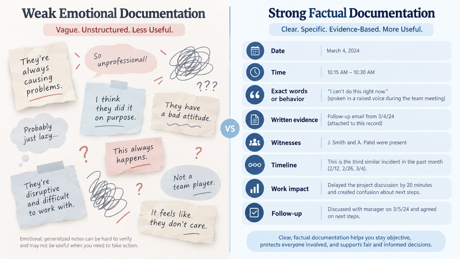 Comparison between factual workplace incident documentation and emotional or unsupported conclusions