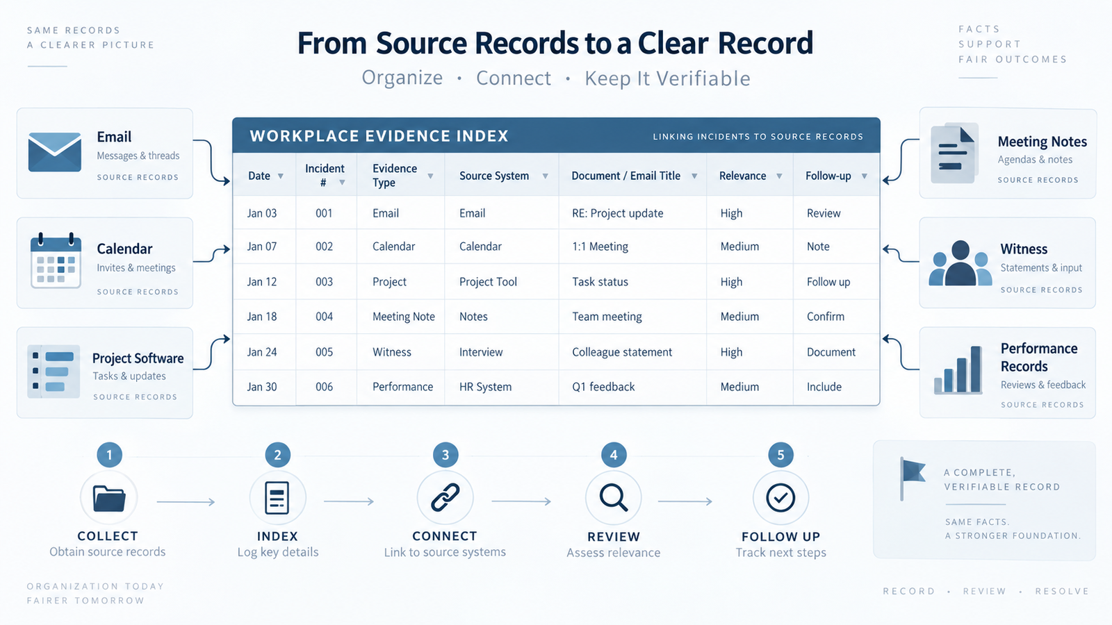 Organized workplace evidence index linking incidents to emails, meetings, project records and witnesses