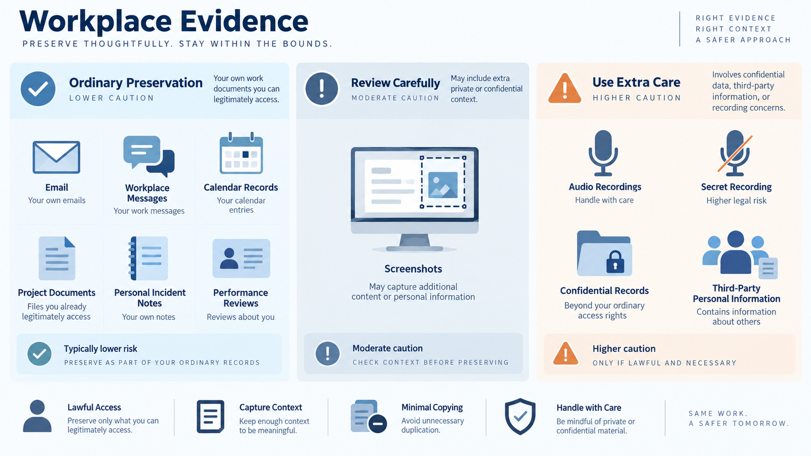 Workplace evidence matrix comparing emails, notes, screenshots, witness information and recordings with privacy risks