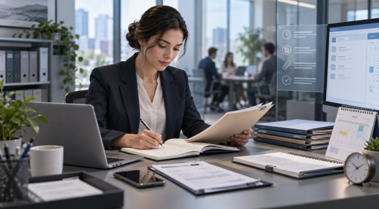 Employee creating a factual workplace incident log with dates, evidence and meeting notes
