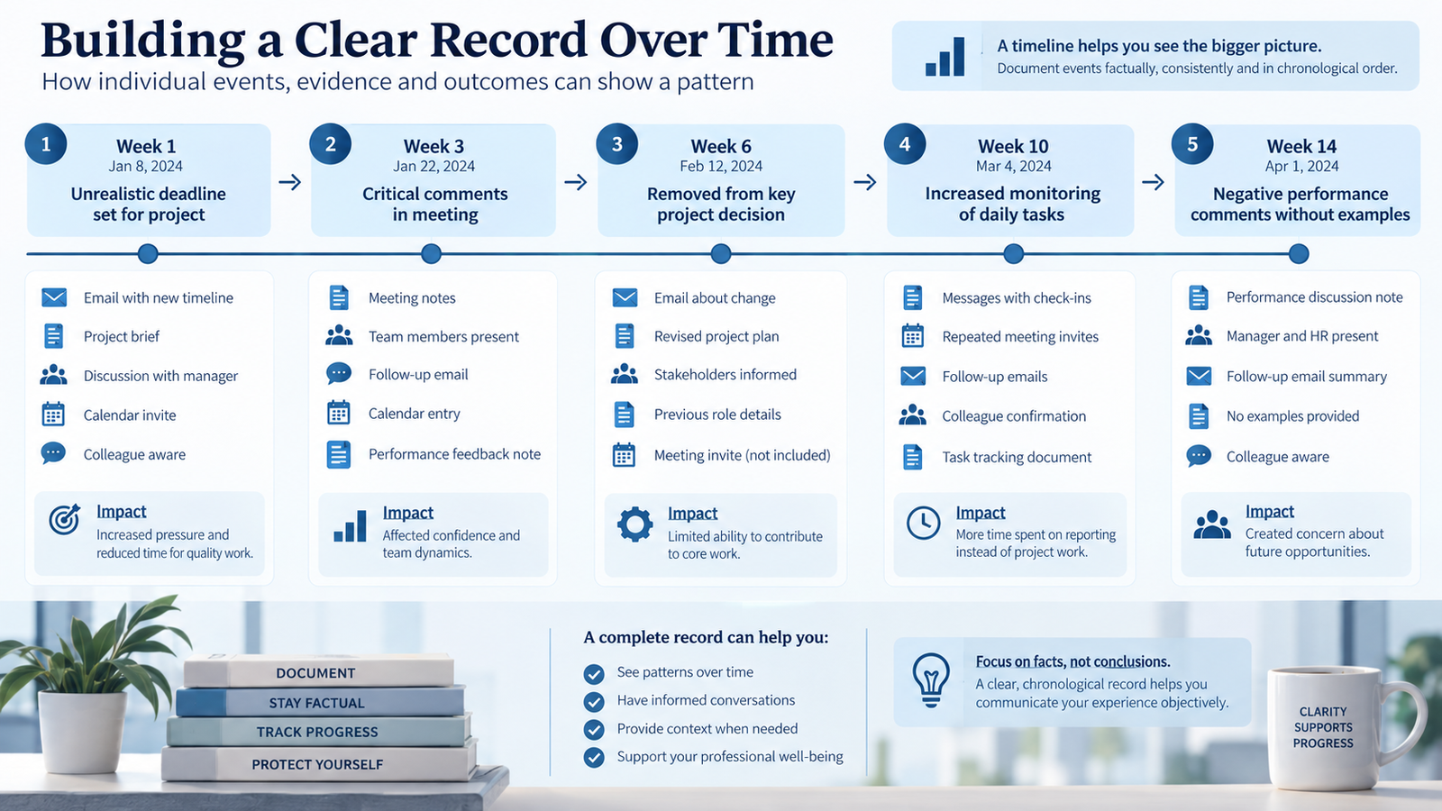 Workplace incident timeline connecting events with emails, witnesses and work consequences