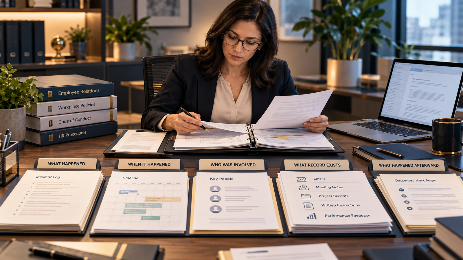 HR reviewing workplace complaint evidence and incident timeline