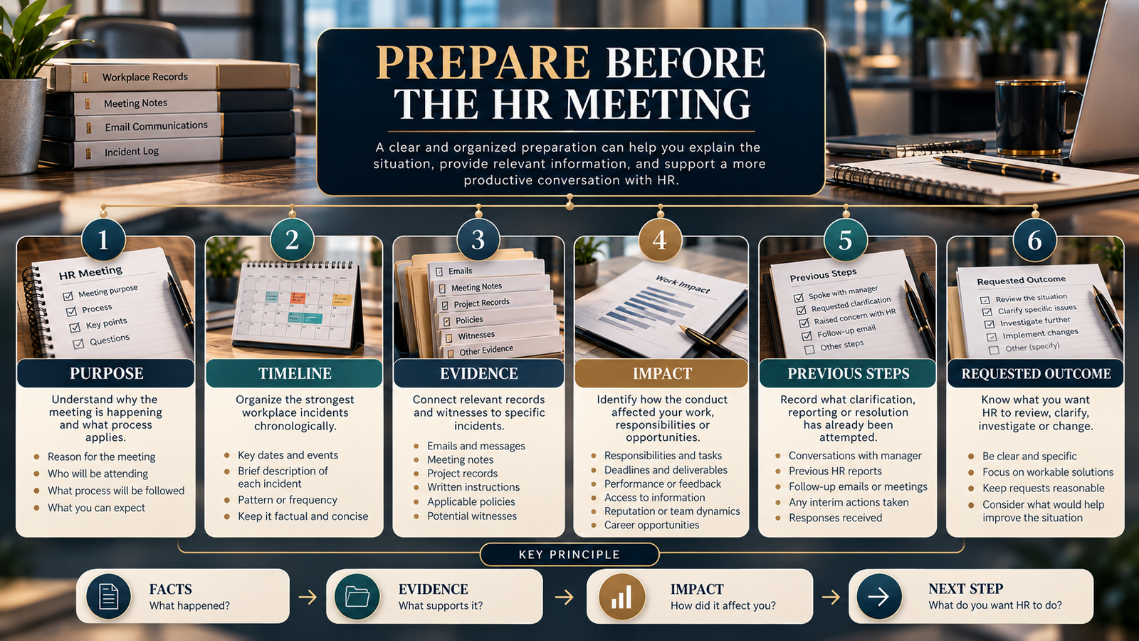 Six-part preparation framework for an HR meeting about workplace bullying