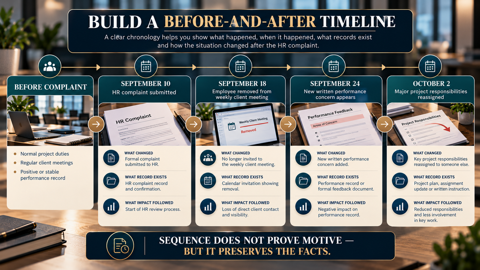 Before-and-after timeline documenting workplace changes following an HR complaint