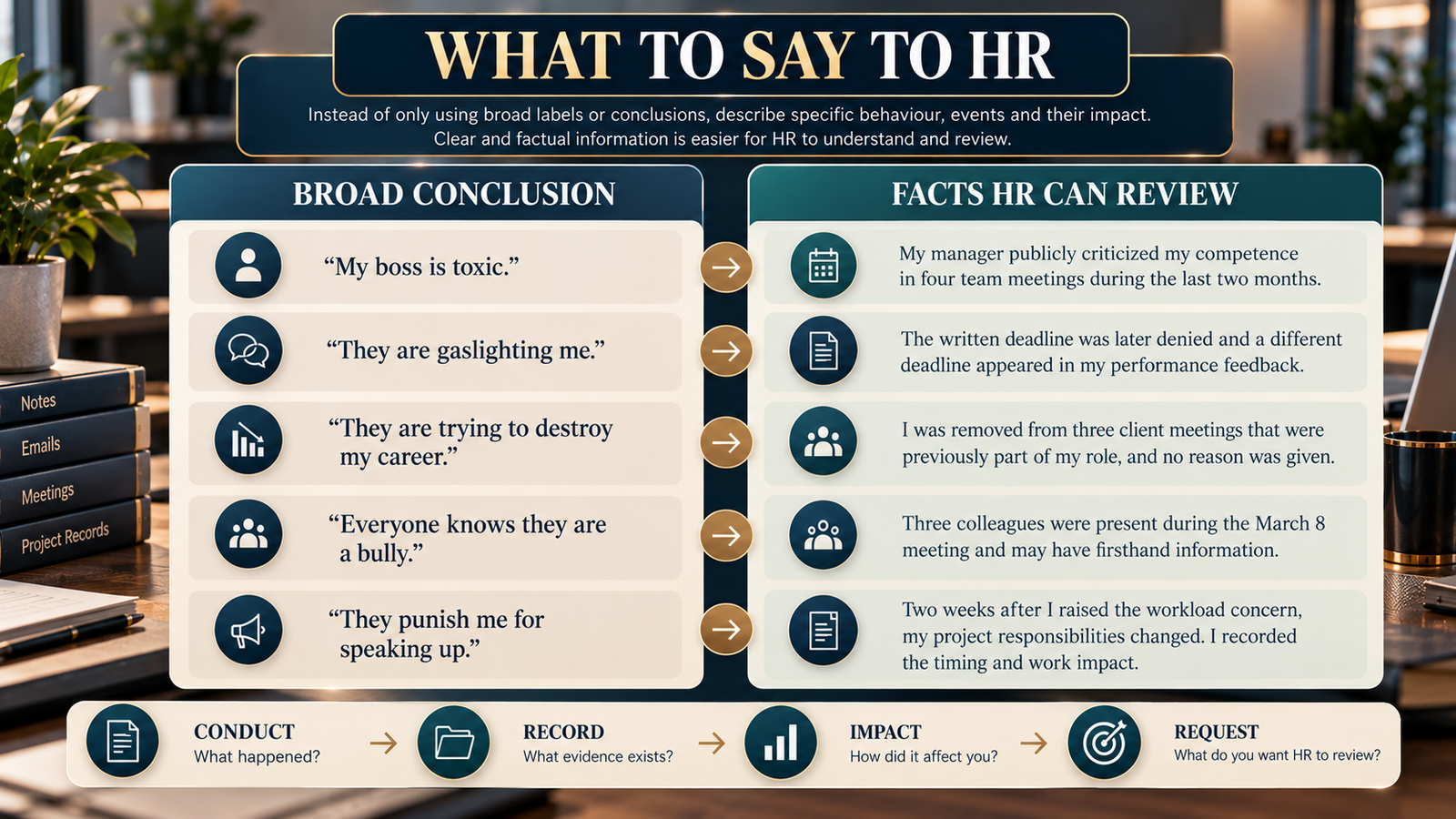 Comparison of broad labels and factual language to use in an HR workplace bullying meeting