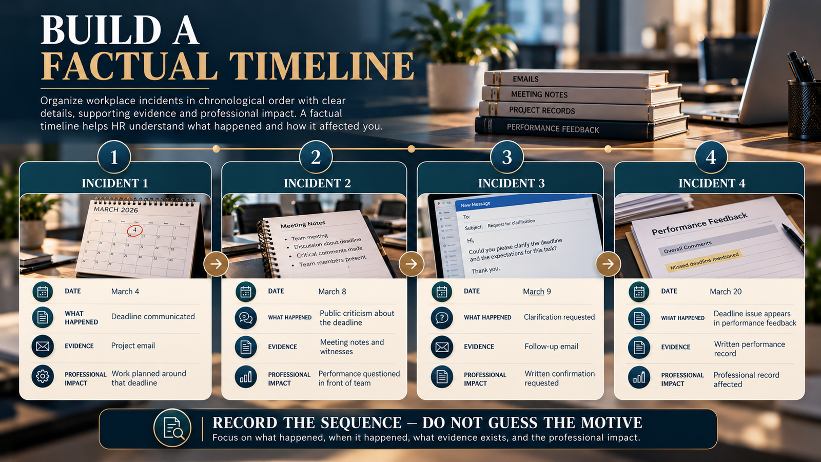 Workplace bullying incident timeline showing dates, evidence and professional impact
